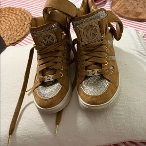 Michael Kors Tan and Silver Glitter Sneakers